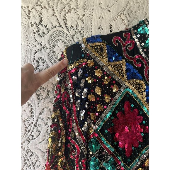 Oleg Cassini Black Tie Black Vintage 100% Silk Beaded Sequined 80s 90s Dress 10 - Picture 3 of 11